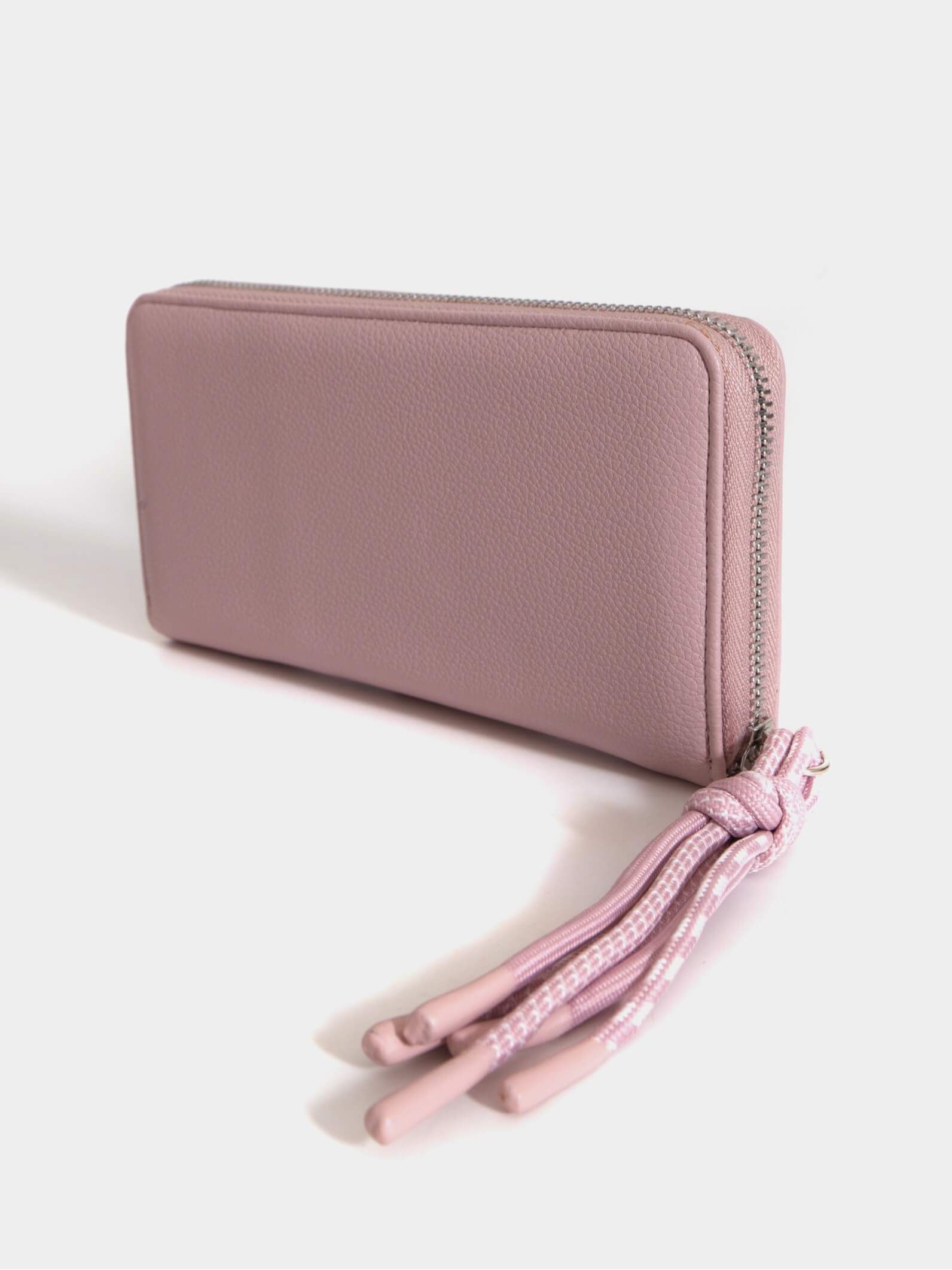 Billetera grande rosa con tiracierre de cordones