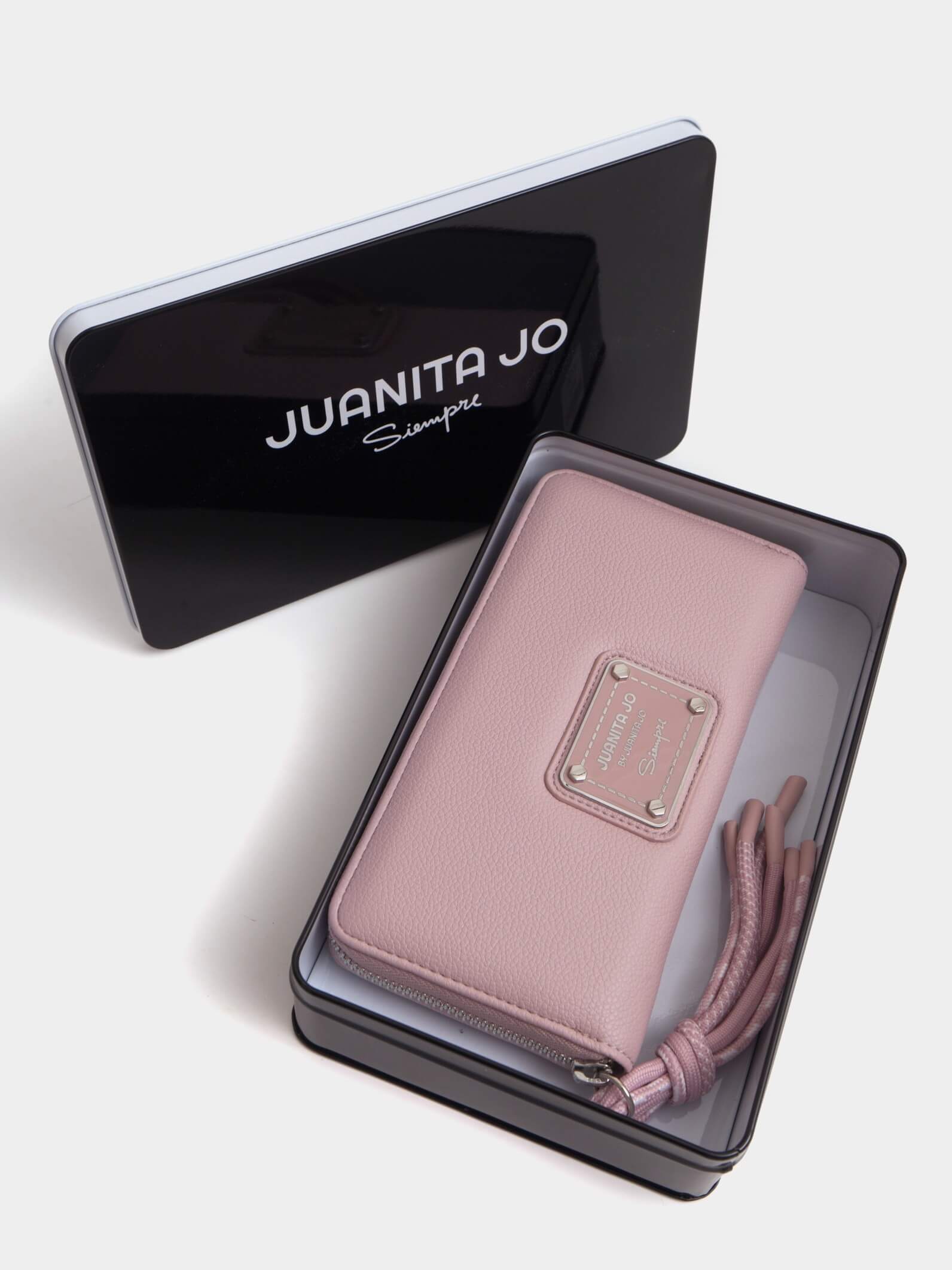 Billetera grande rosa con tiracierre de cordones