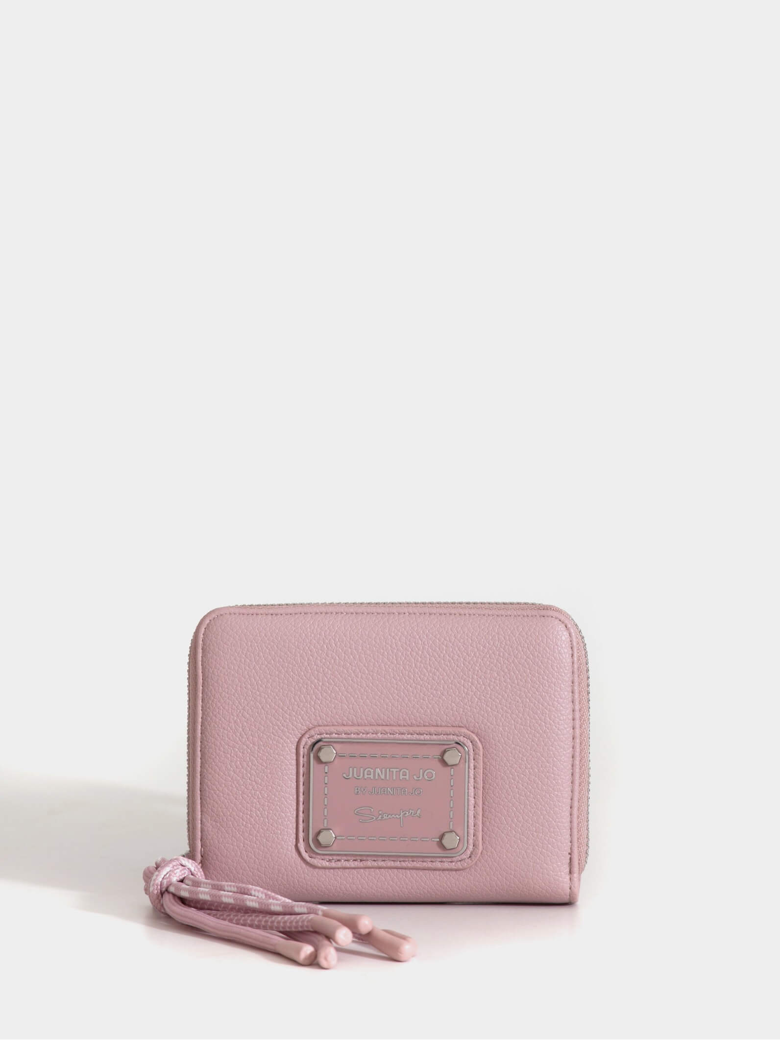 Billetera chica rosa con tiracierre de cordones