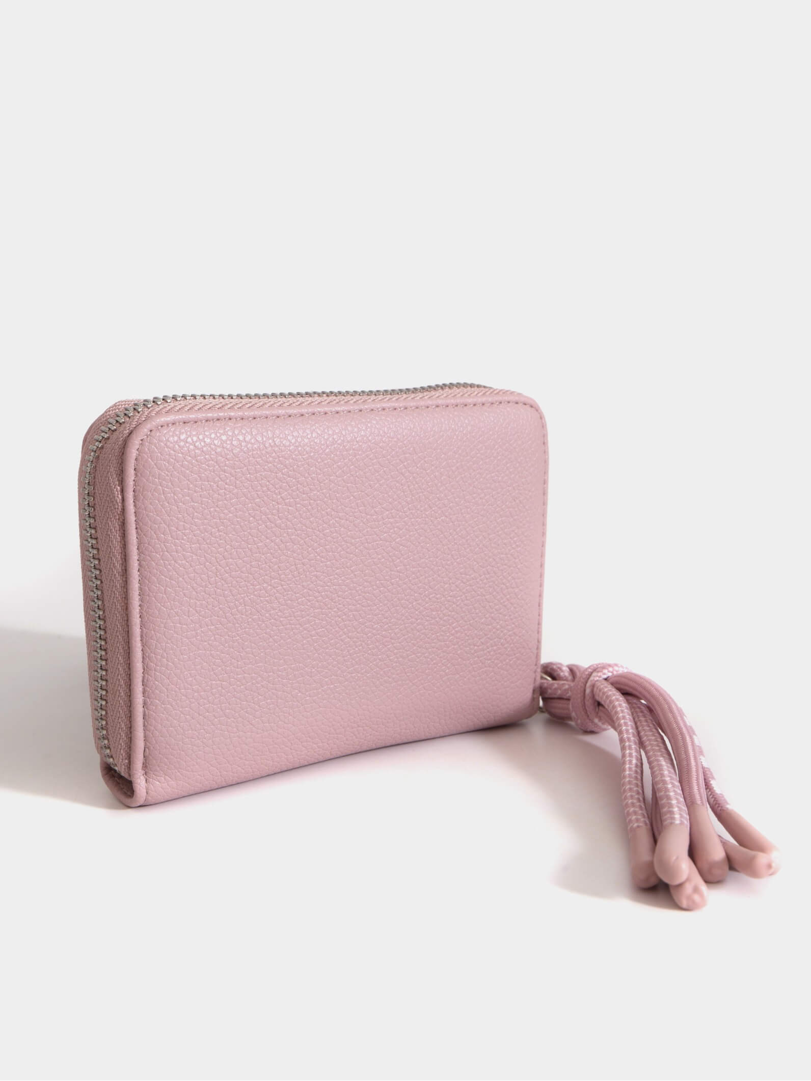 Billetera chica rosa con tiracierre de cordones
