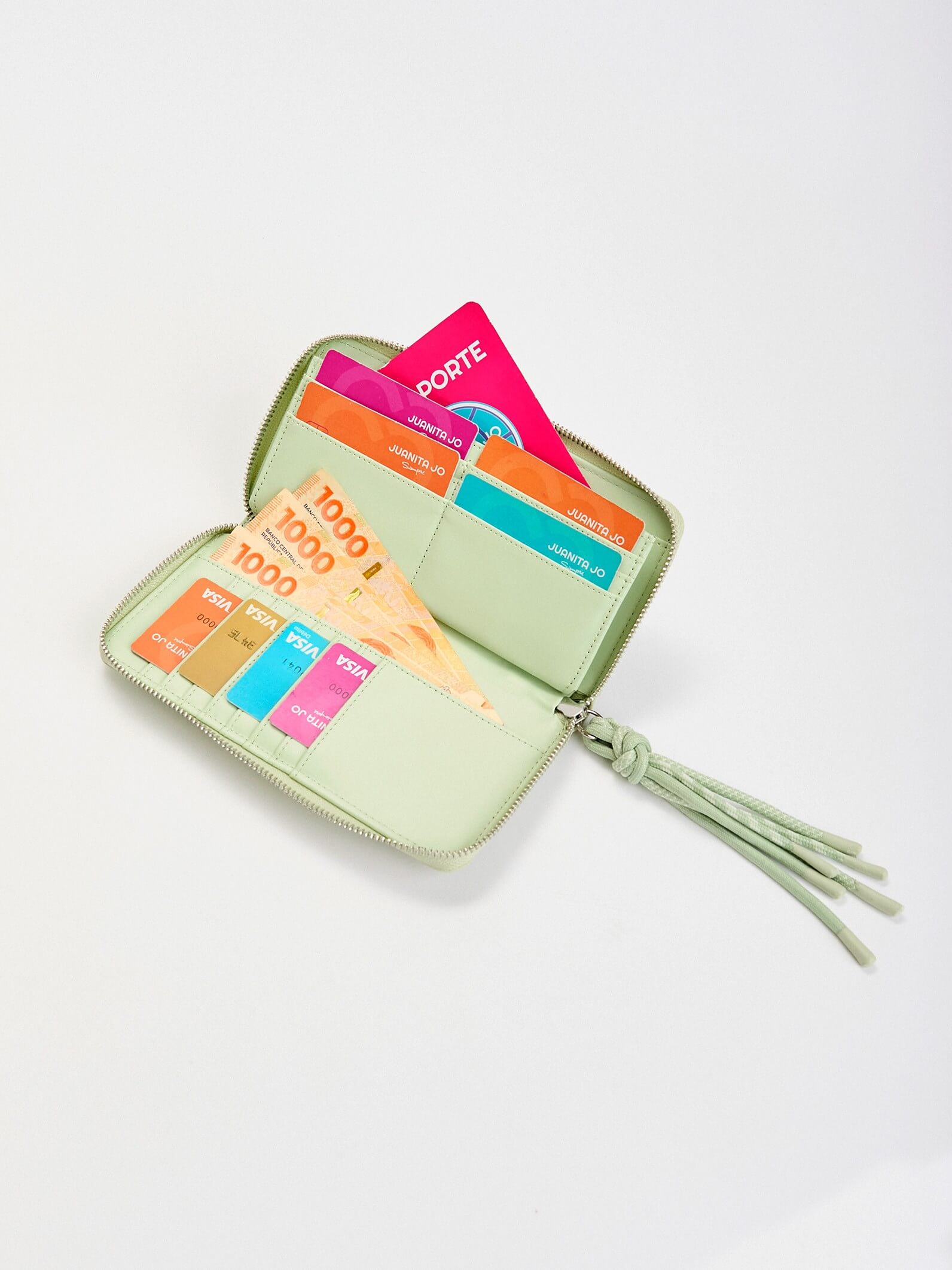 Billetera grande verde con tiracierre de cordones