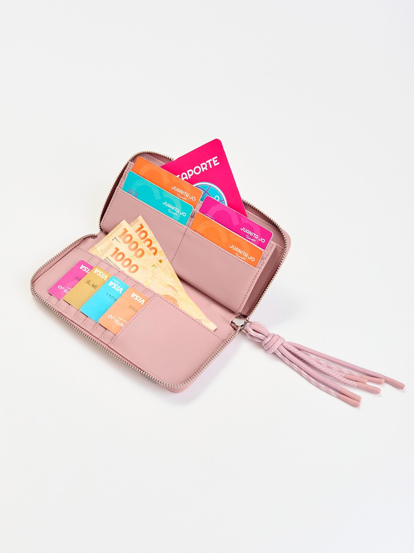Billetera grande rosa con tiracierre de cordones