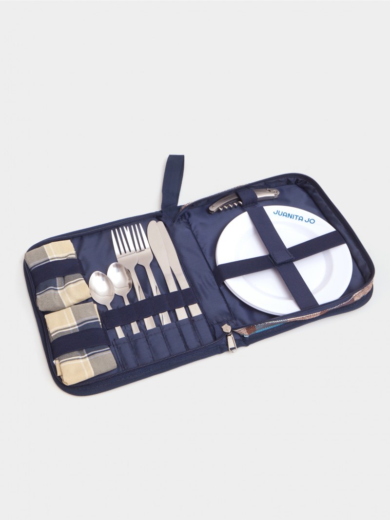 Estuche azul de cubiertos para picnic